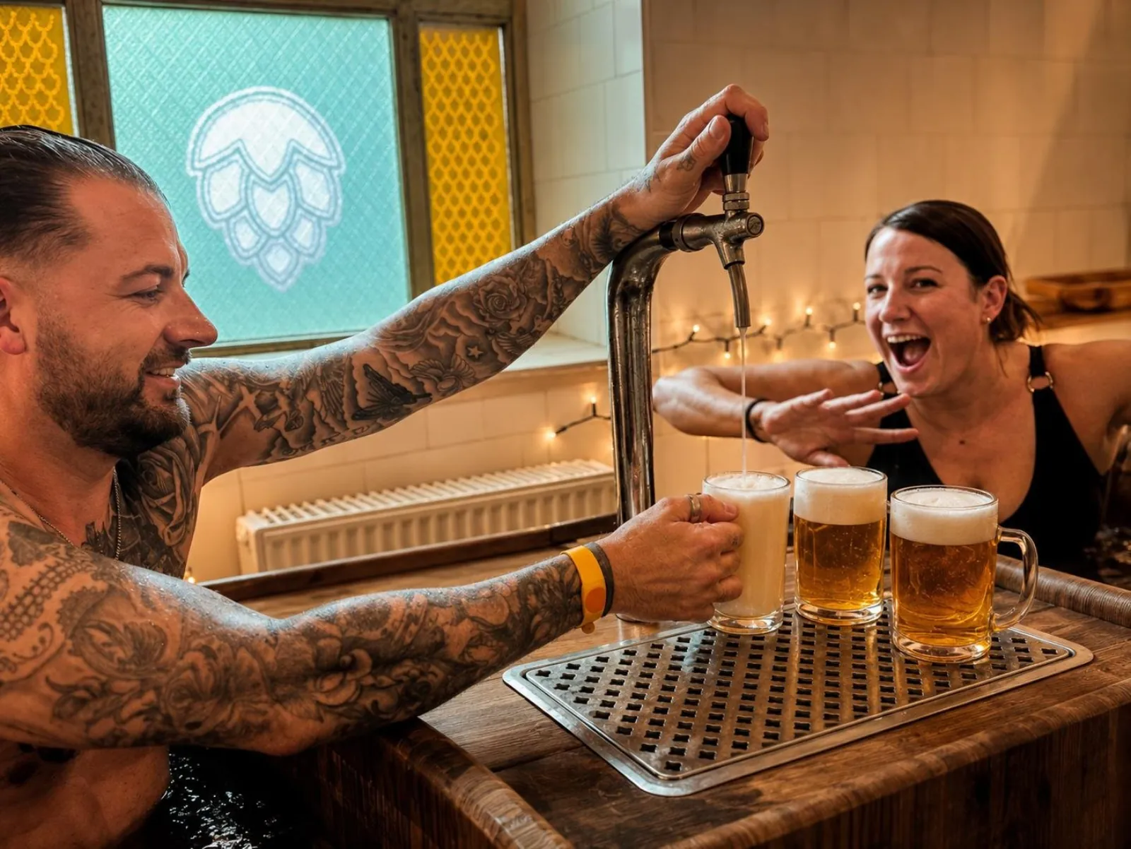 Man pulling draft beer from a tap beside a wooden beer spa tub