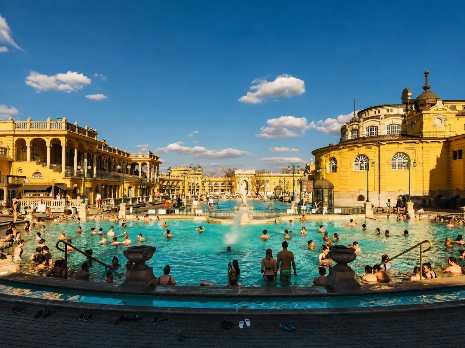 Bathers in Széchenyi's outdoor thermal pool with yellow bathhouse wings behind