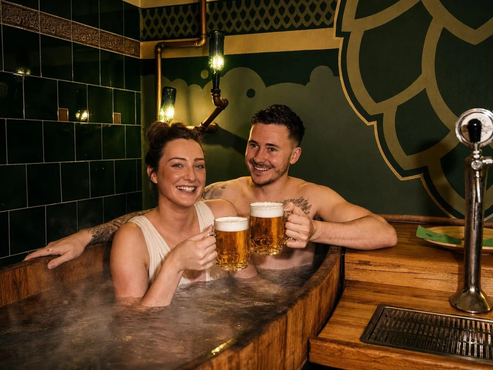 Couple clinking beer mugs in a steaming wooden tub beside a tap in a green-tiled room