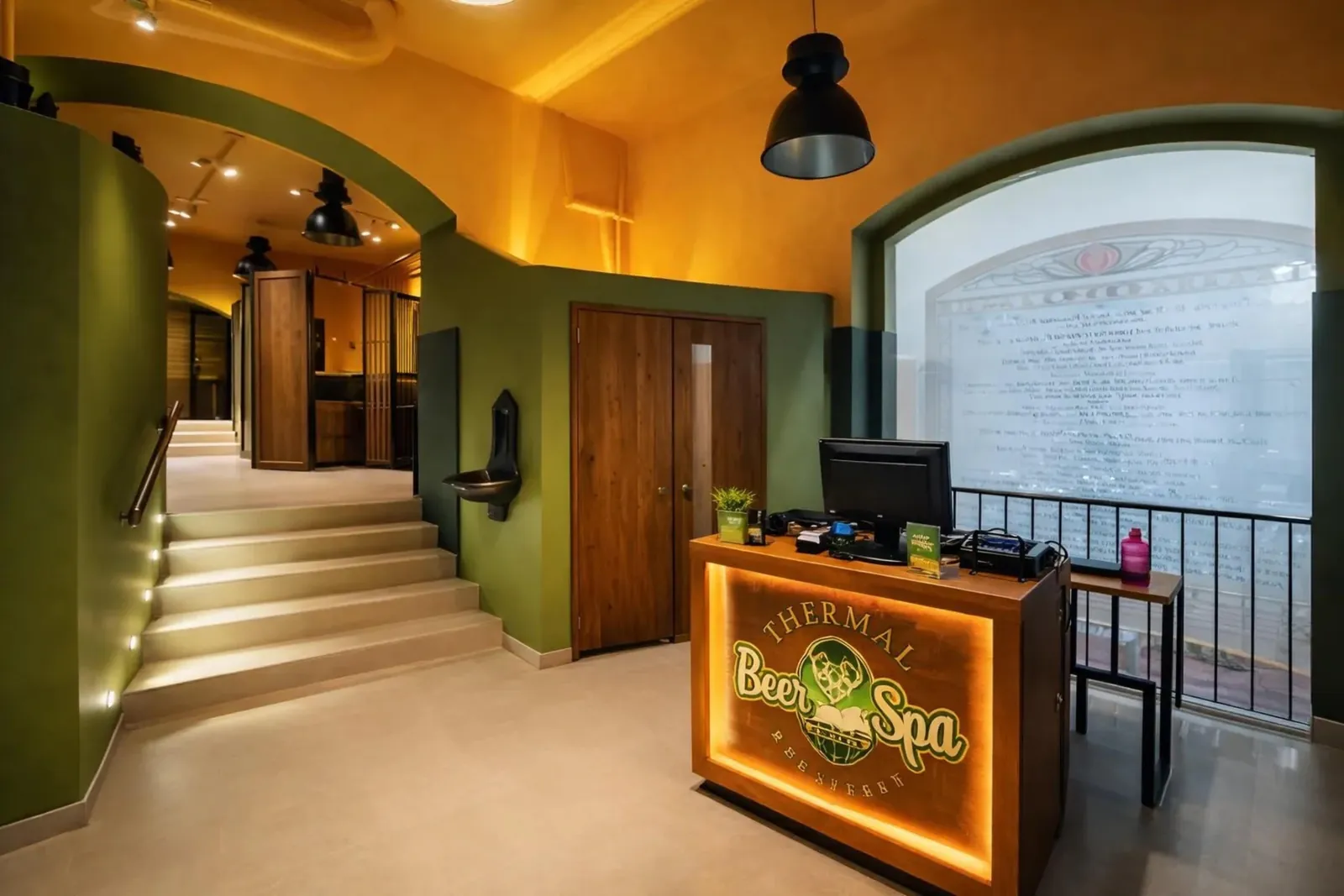 Thermal Beer Spa reception desk with a glowing sign, green walls and steps up to the tubs