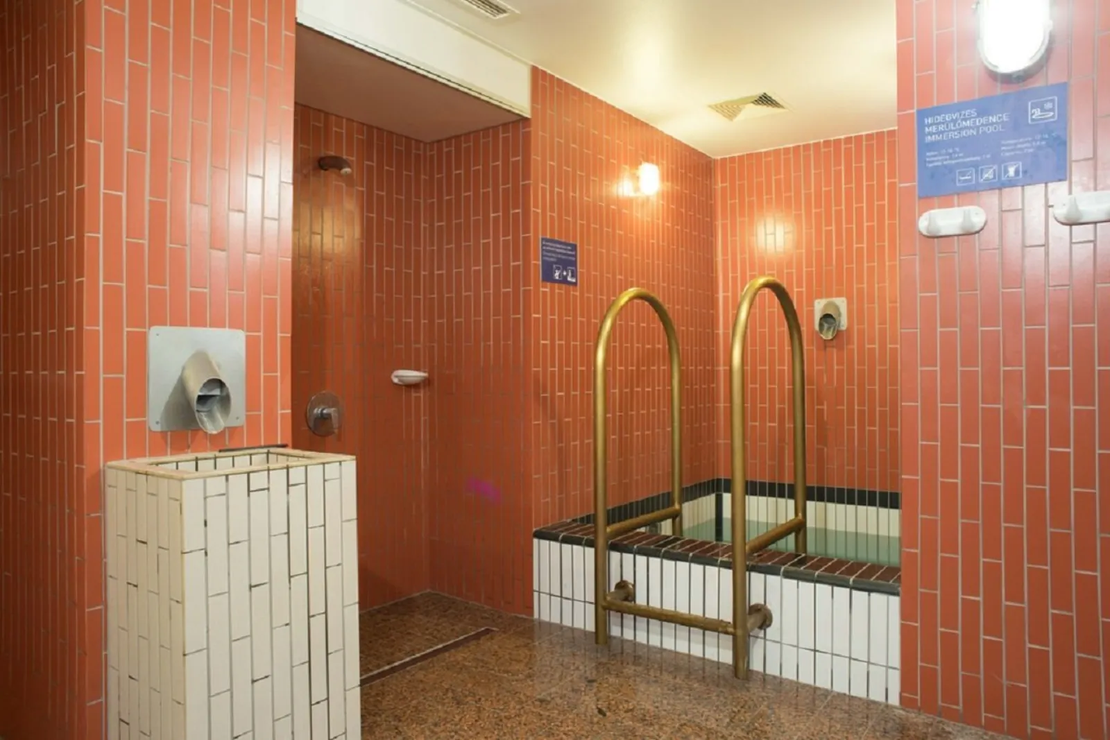 Small plunge pool with brass handrails in an orange-tiled room at Palatinus