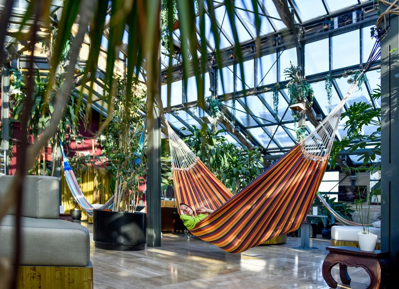 Striped hammocks and lounge seating in the glass-roofed Palm House at Széchenyi
